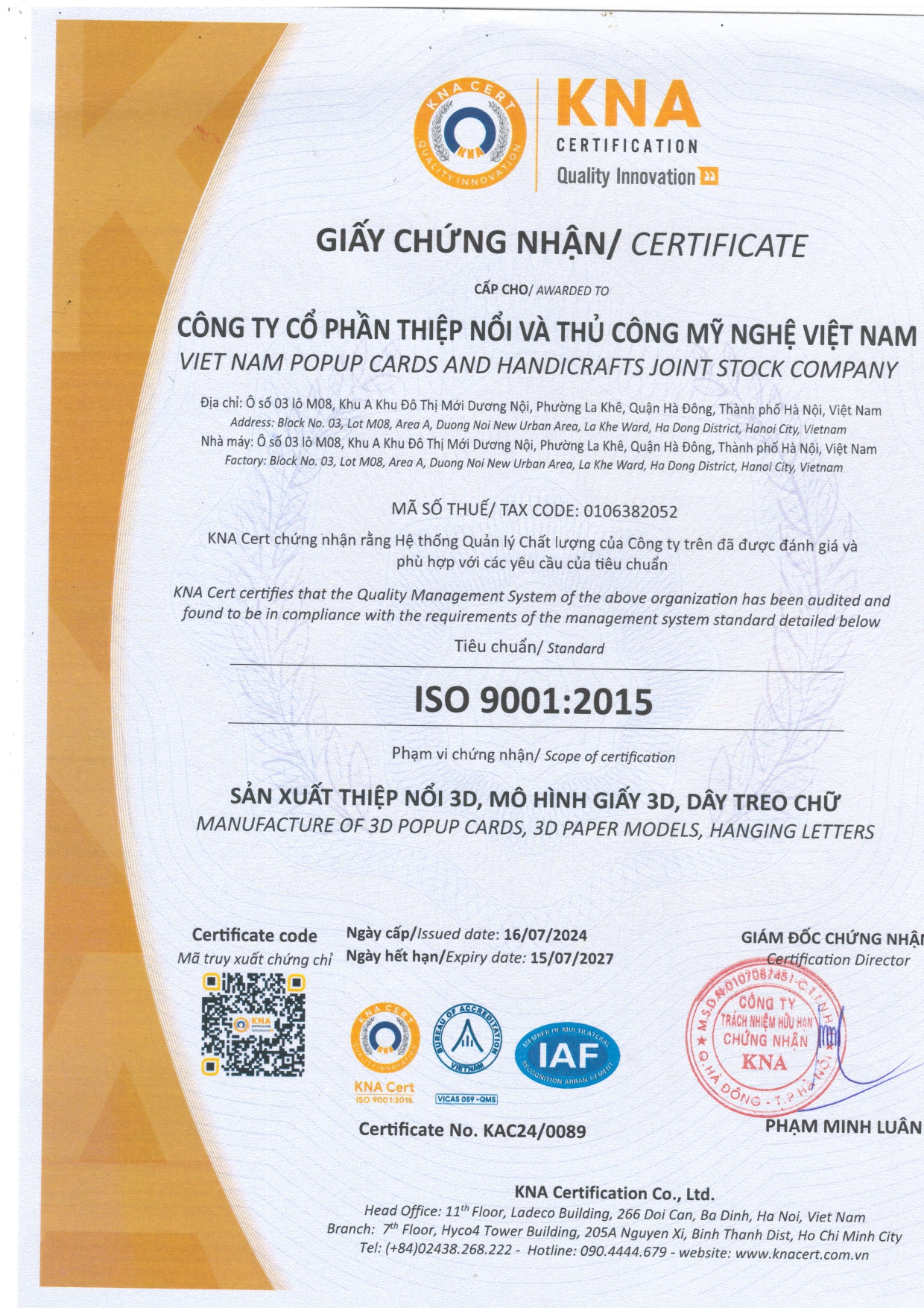 Viet Nam Popup Cards And Handicrafts Joint Stock Companycertification