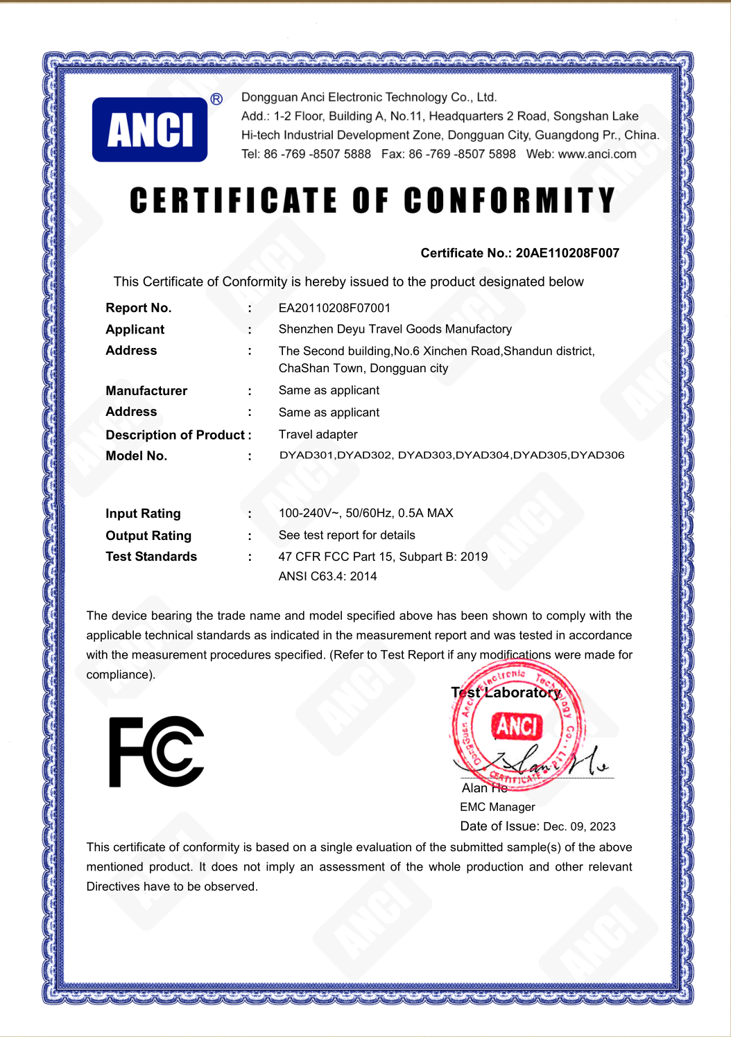 Shenzhen Deyu Travel Goods Manufactorycertification