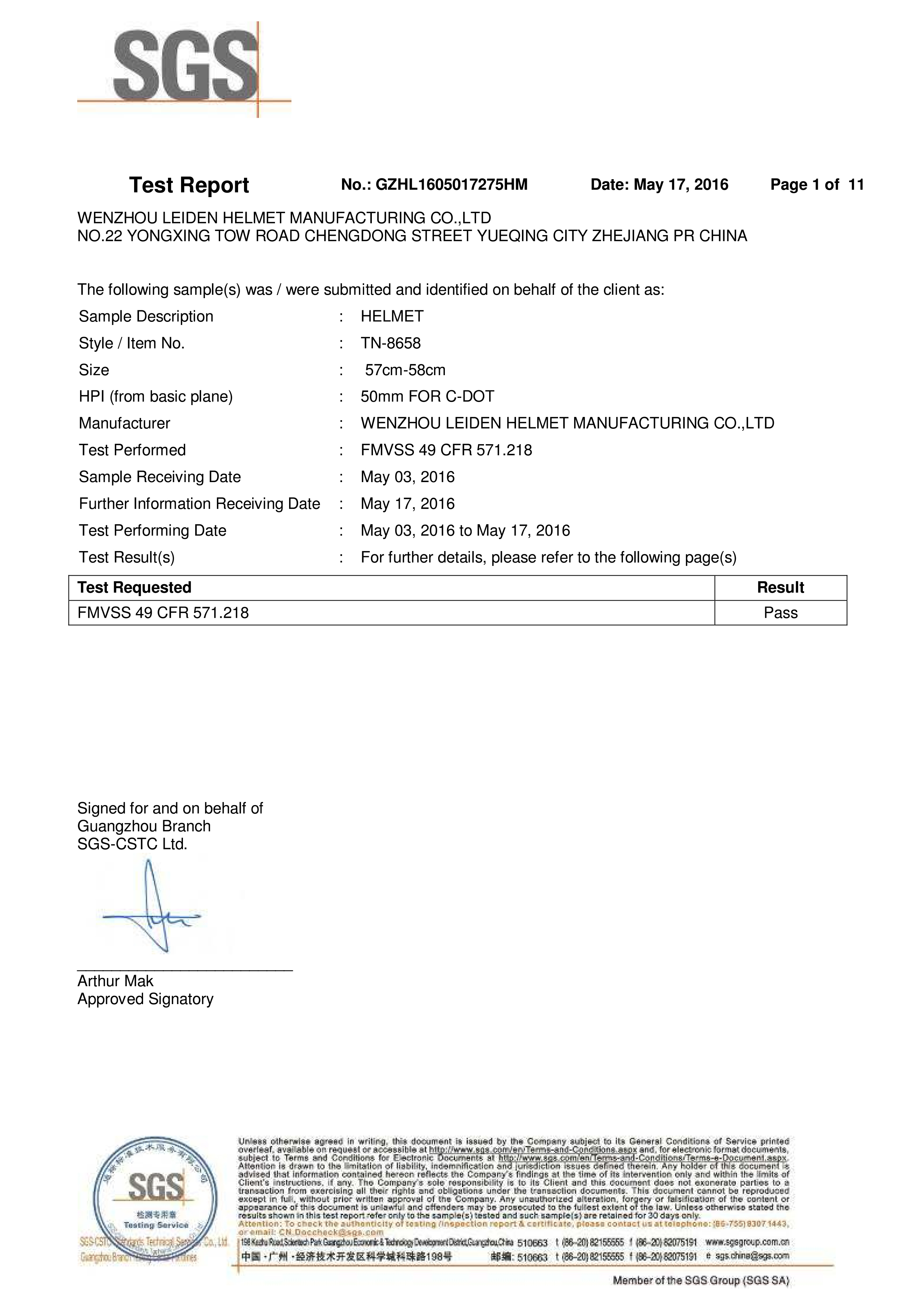 Wenzhou Leiden Helmet Manufacturing Co.,Ltdcertification