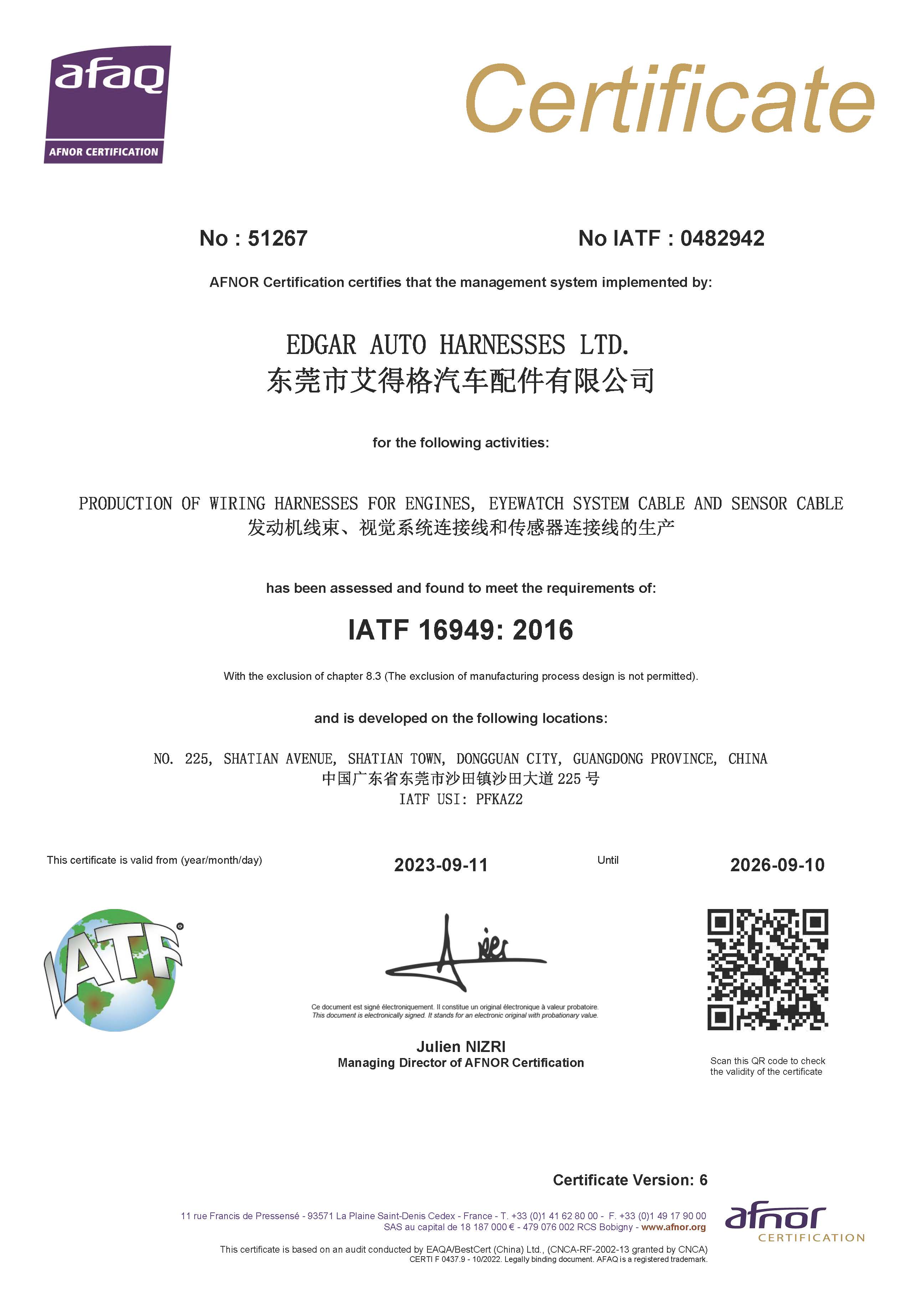 Edgar Auto Harnesses Ltdcertification