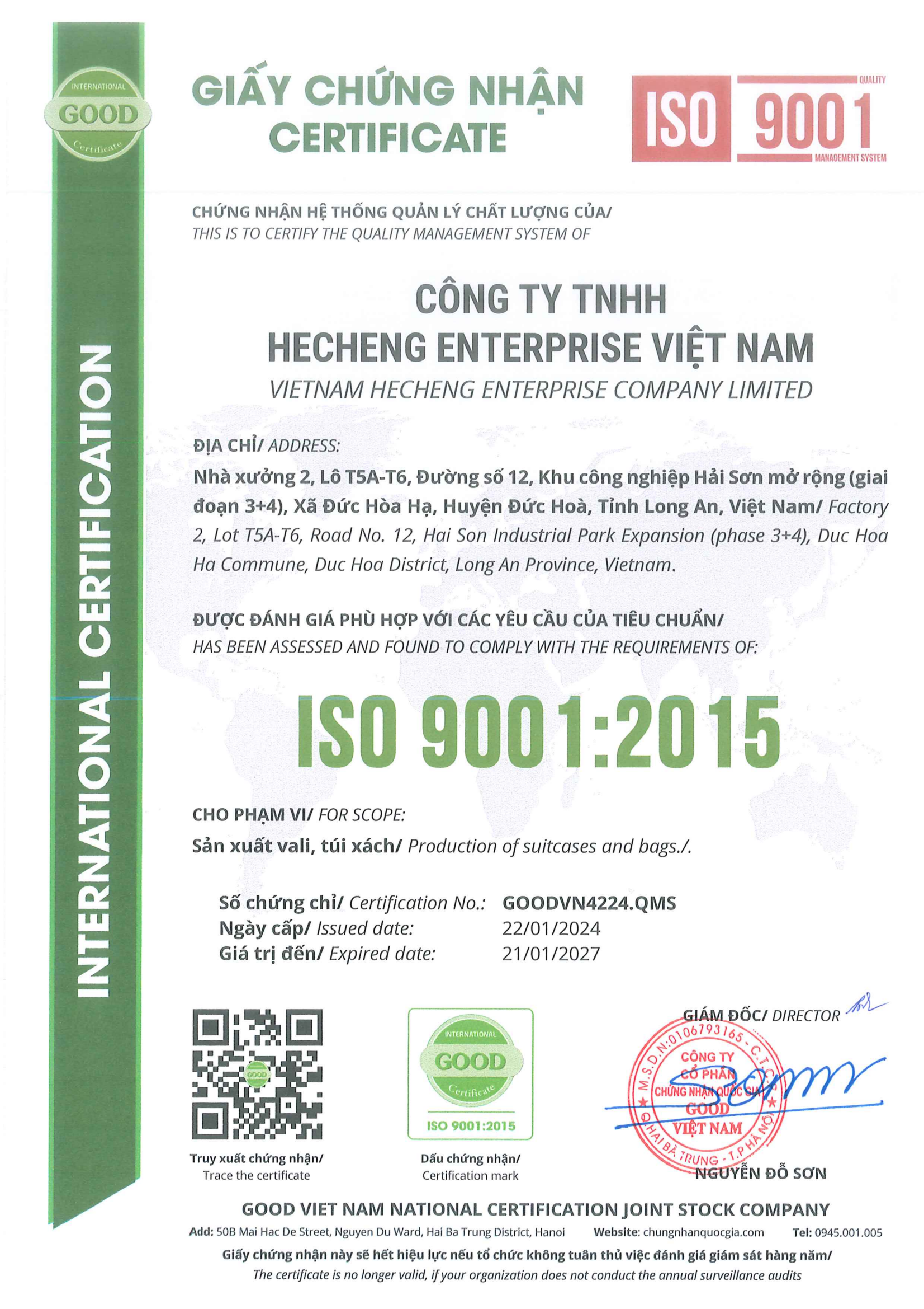 VIETNAM HECHENG ENTERPRISE COMPANY LIMITEDcertification