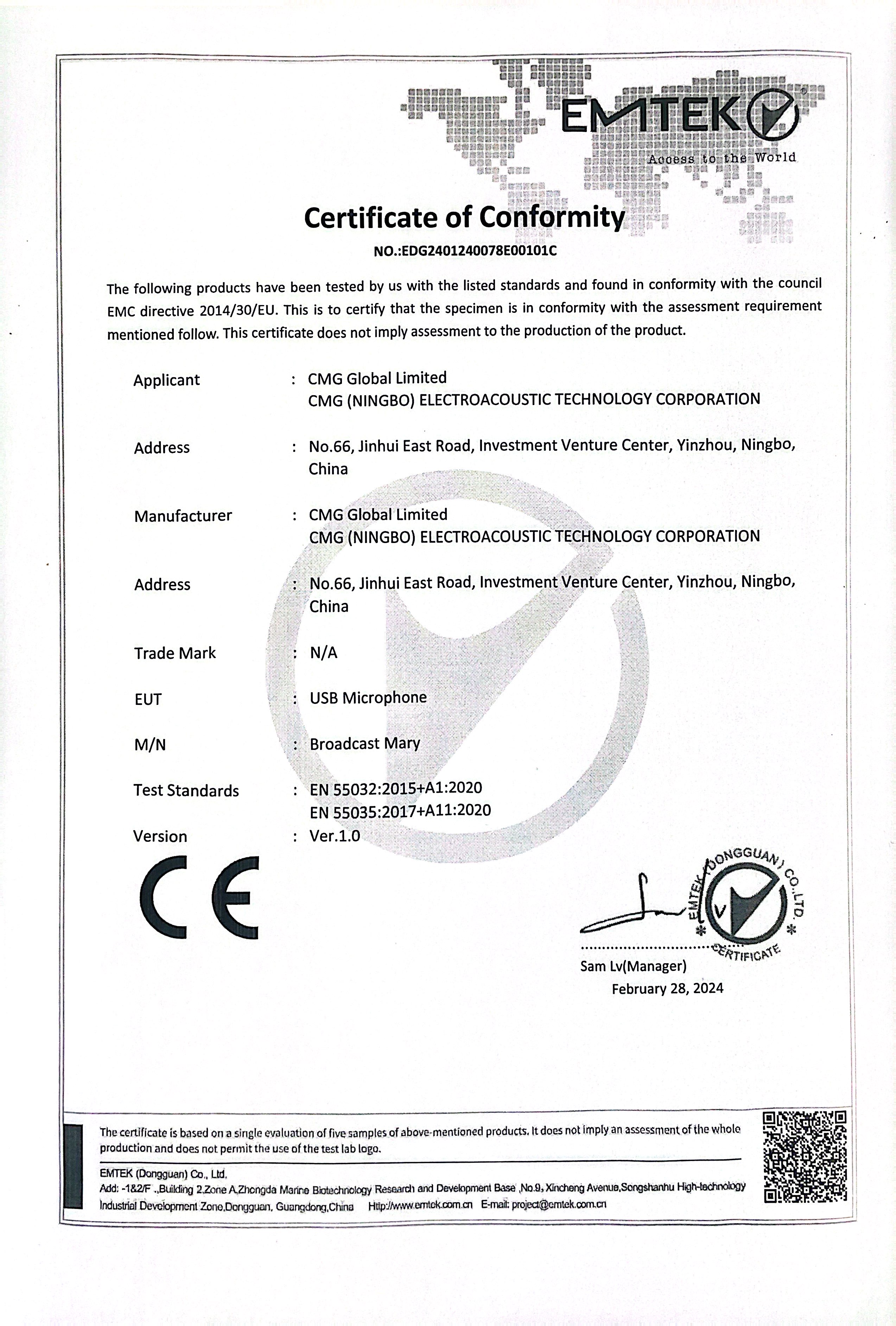 CMG (NINGBO) ELECTROACOUSTIC TECHNOLOGY CORPORATIONcertification