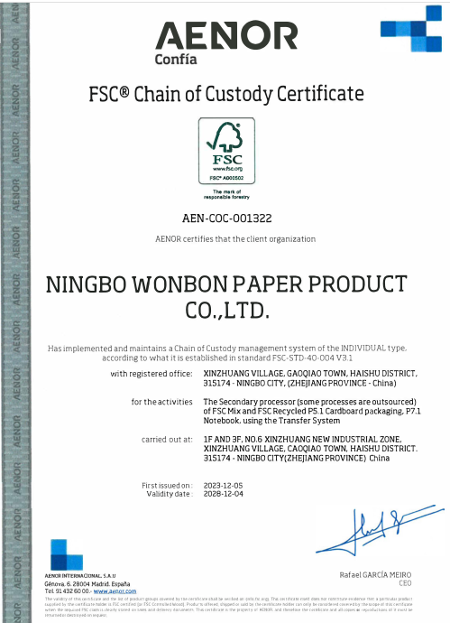 Ningbo Wonbon Paper Product Co.Ltdcertification