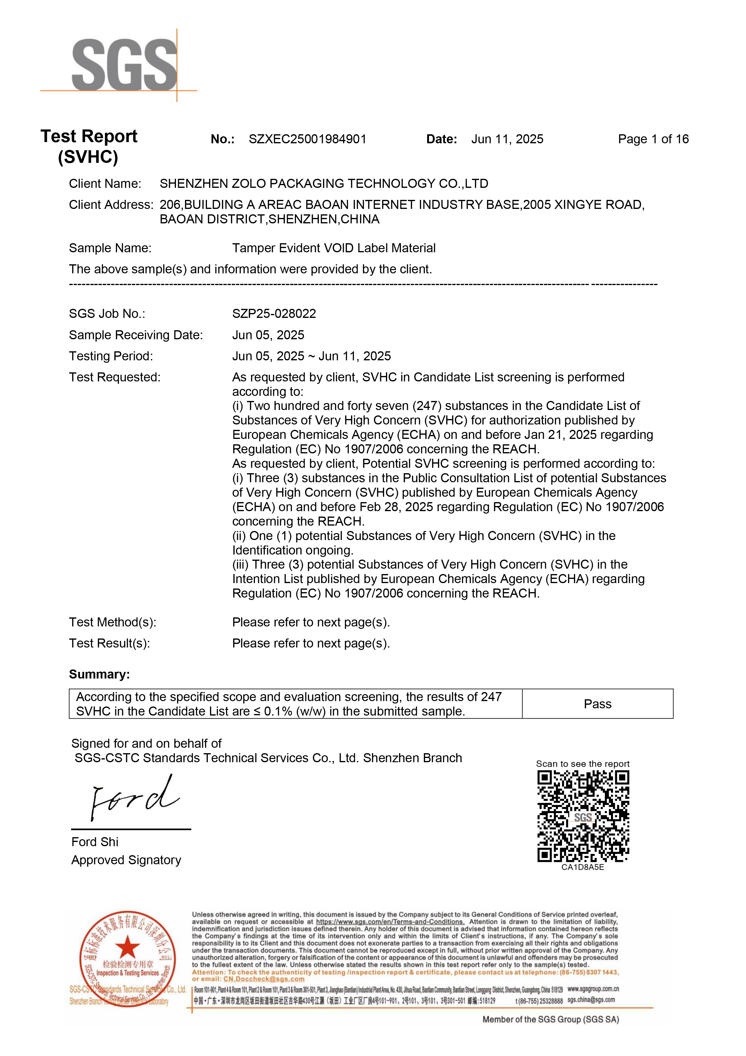 Shenzhen Zolo Packaging Technology Co. Ltdcertification
