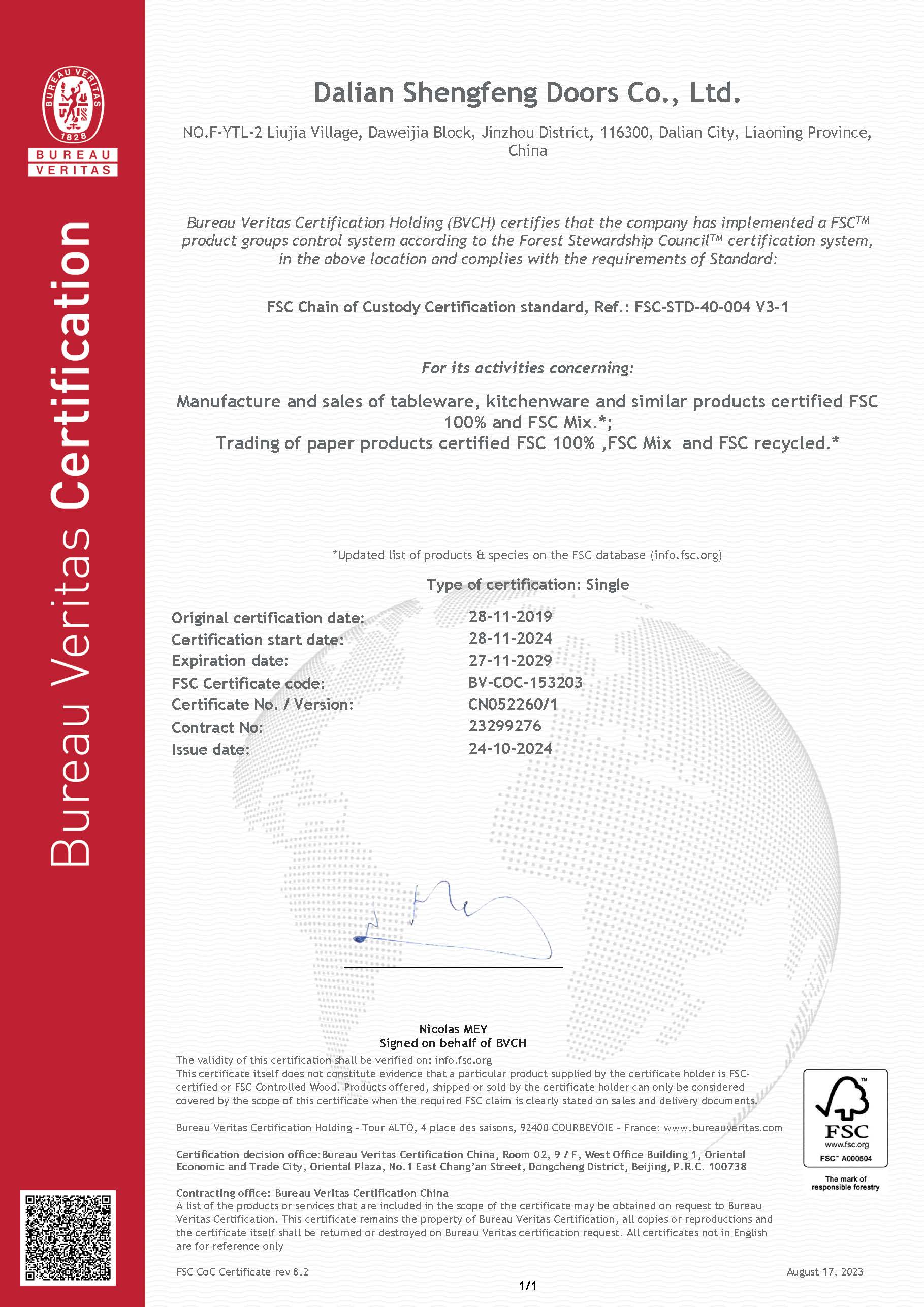 Dalian Shengfeng Doors Co., Ltd.certification