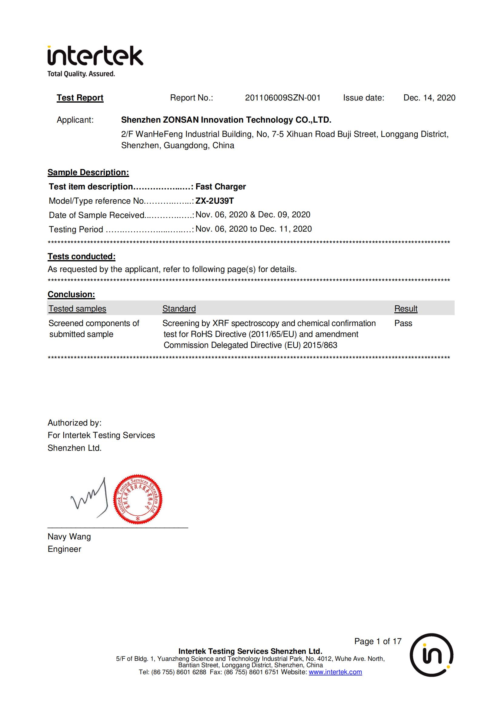 Shenzhen ZONSAN Innovation Technology Co., Ltdcertification