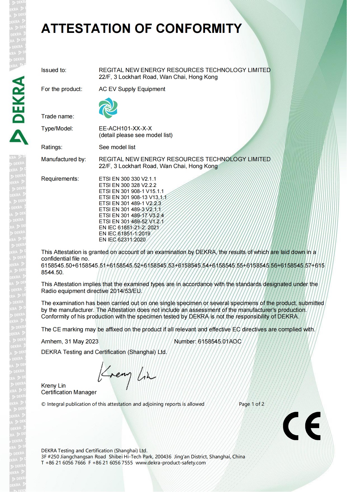 Regital New Energy Resources Technology Limitedcertification