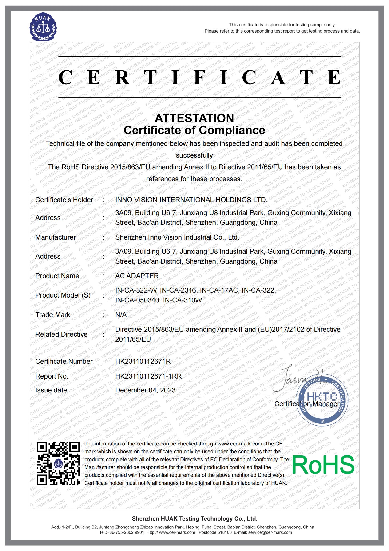 Inno Vision International Holdings Limitedcertification