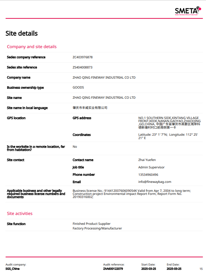 Guangzhou Fineway Bags Co., Ltd.certification