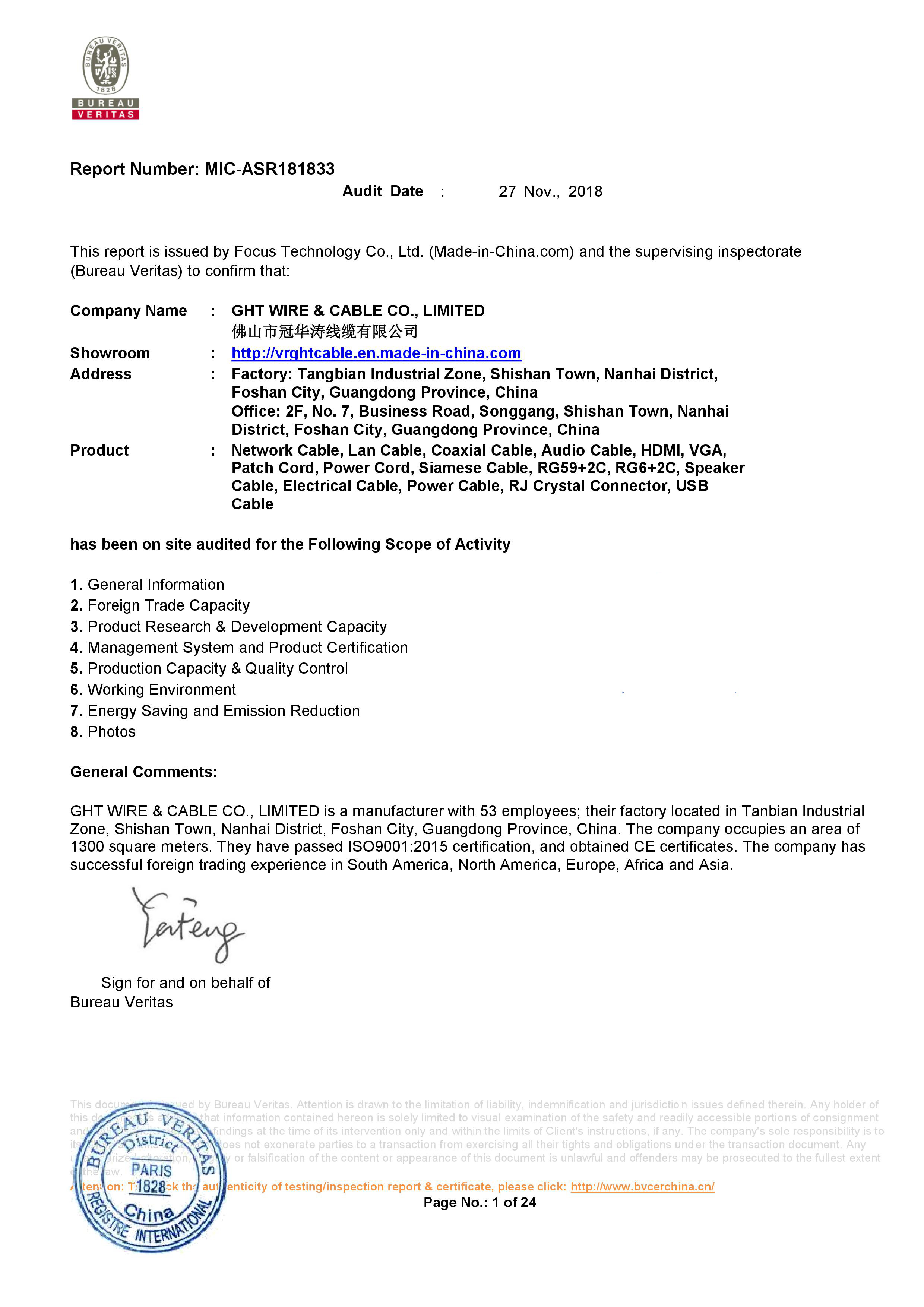 Ght Wire & Cable Co., Limitedcertification