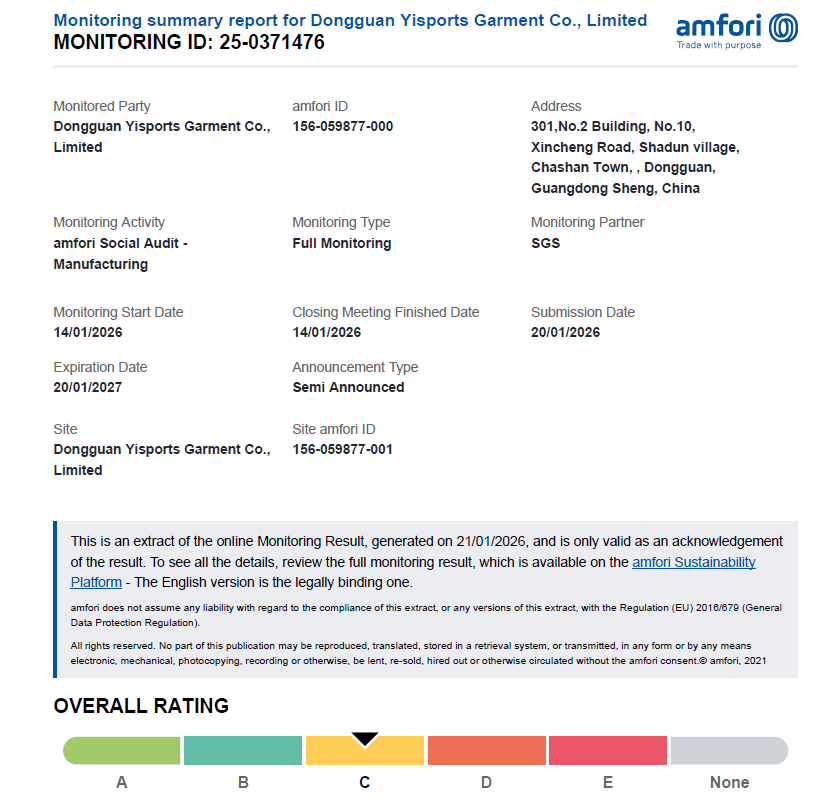 Dongguan Yisports Garment Co.  Ltdcertification