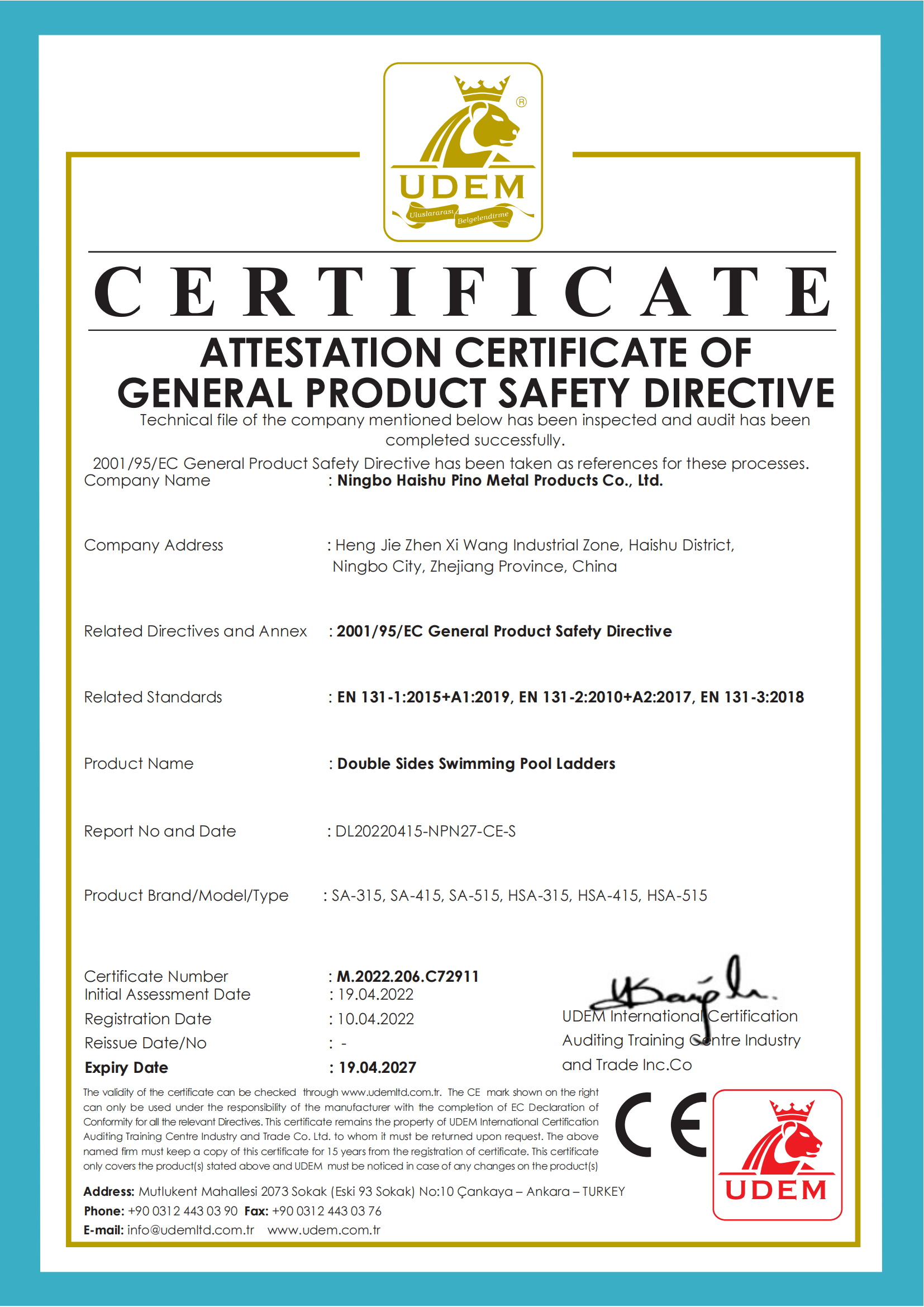 Ningbo Pino Metal Products Co.,Ltdcertification
