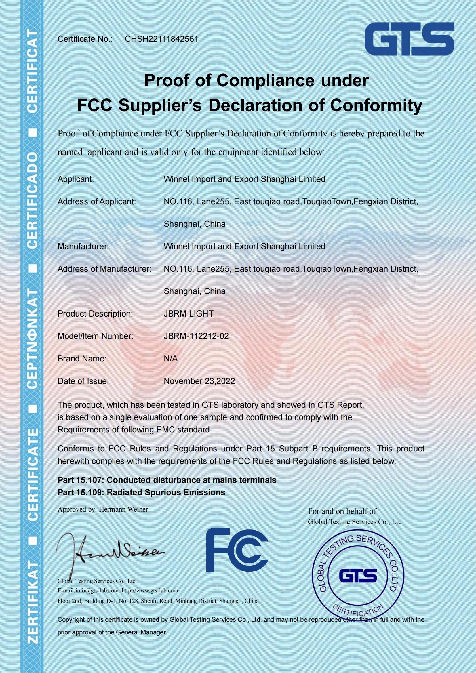 Winnel Import and Export Shanghai Limitedcertification