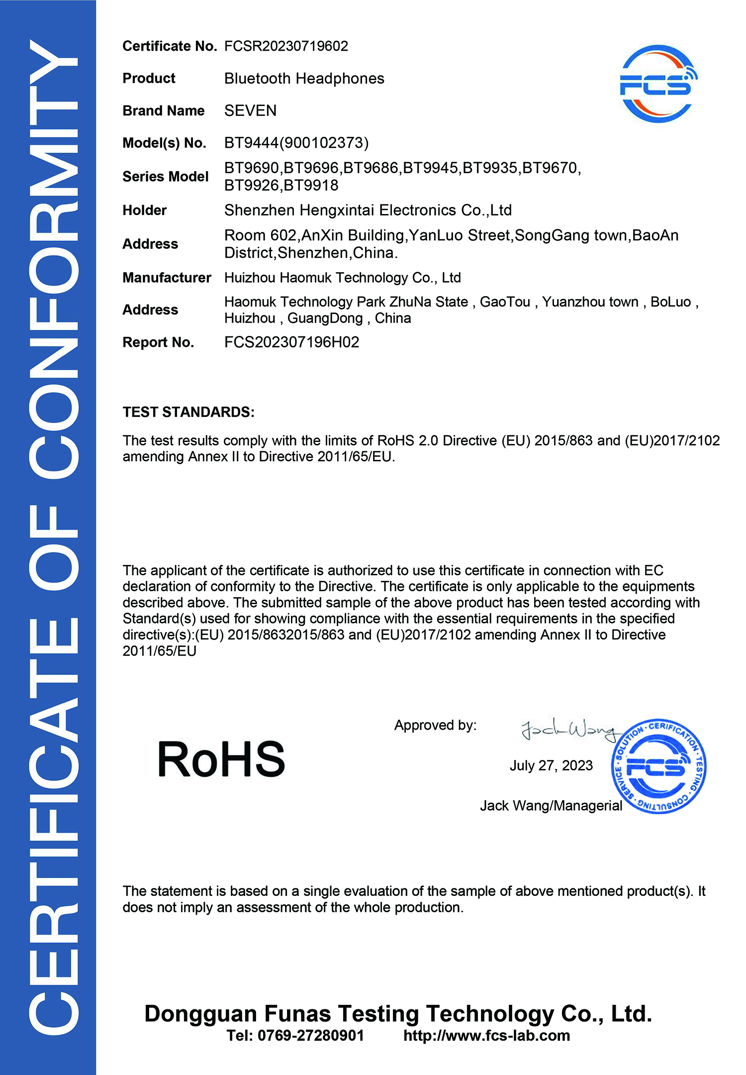 Shenzhen Hengxintai Electronics Co. Ltdcertification