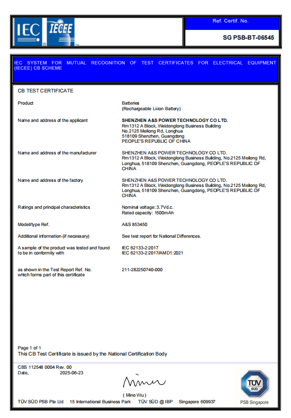 Shenzhen  A&S Power Technology Co.Ltdcertification