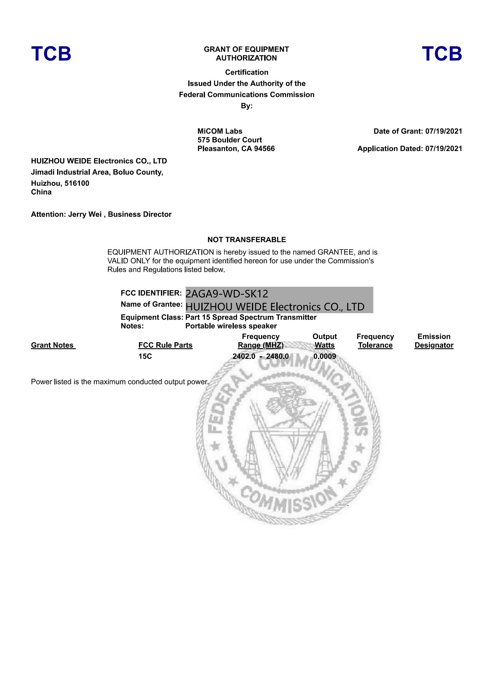 Huizhou Weide Electronics Co Ltdcertification