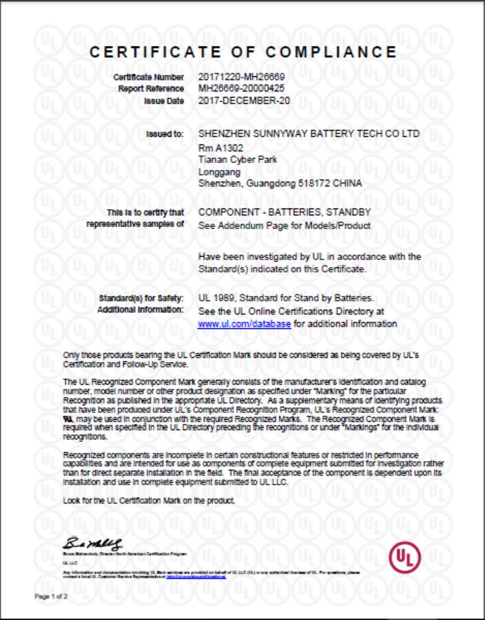 Shenzhen Sunnyway Battery Tech. Co. Ltdcertification
