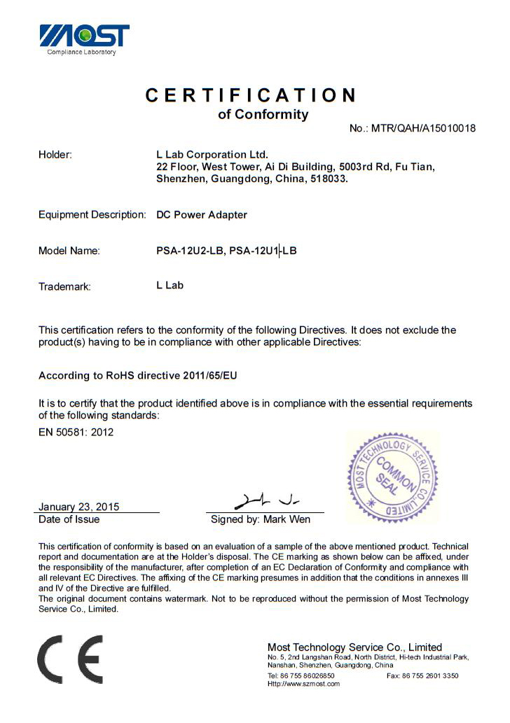 L Lab Corporation Limitedcertification