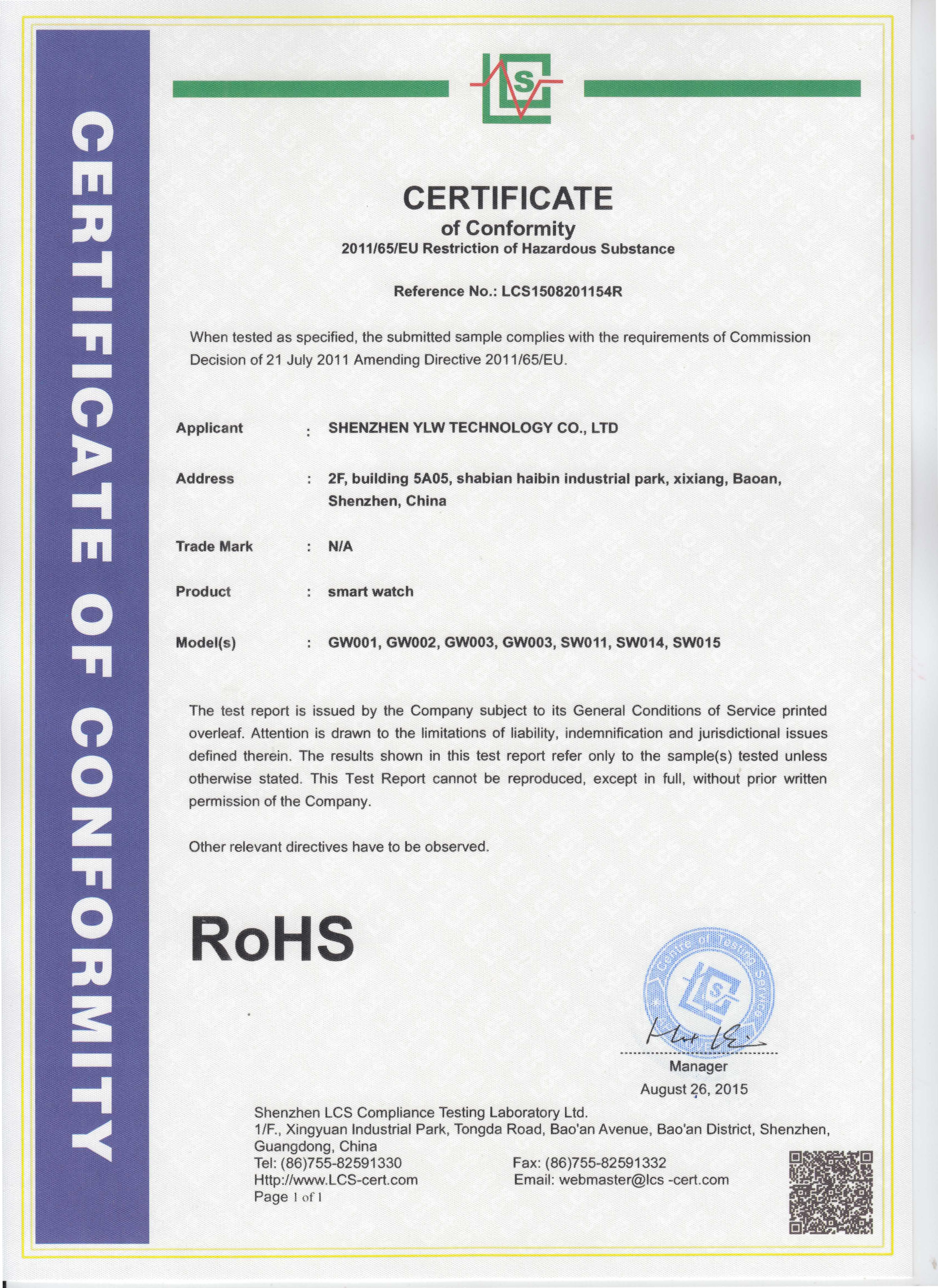 Shenzhen YLW Technology Co. Ltdcertification