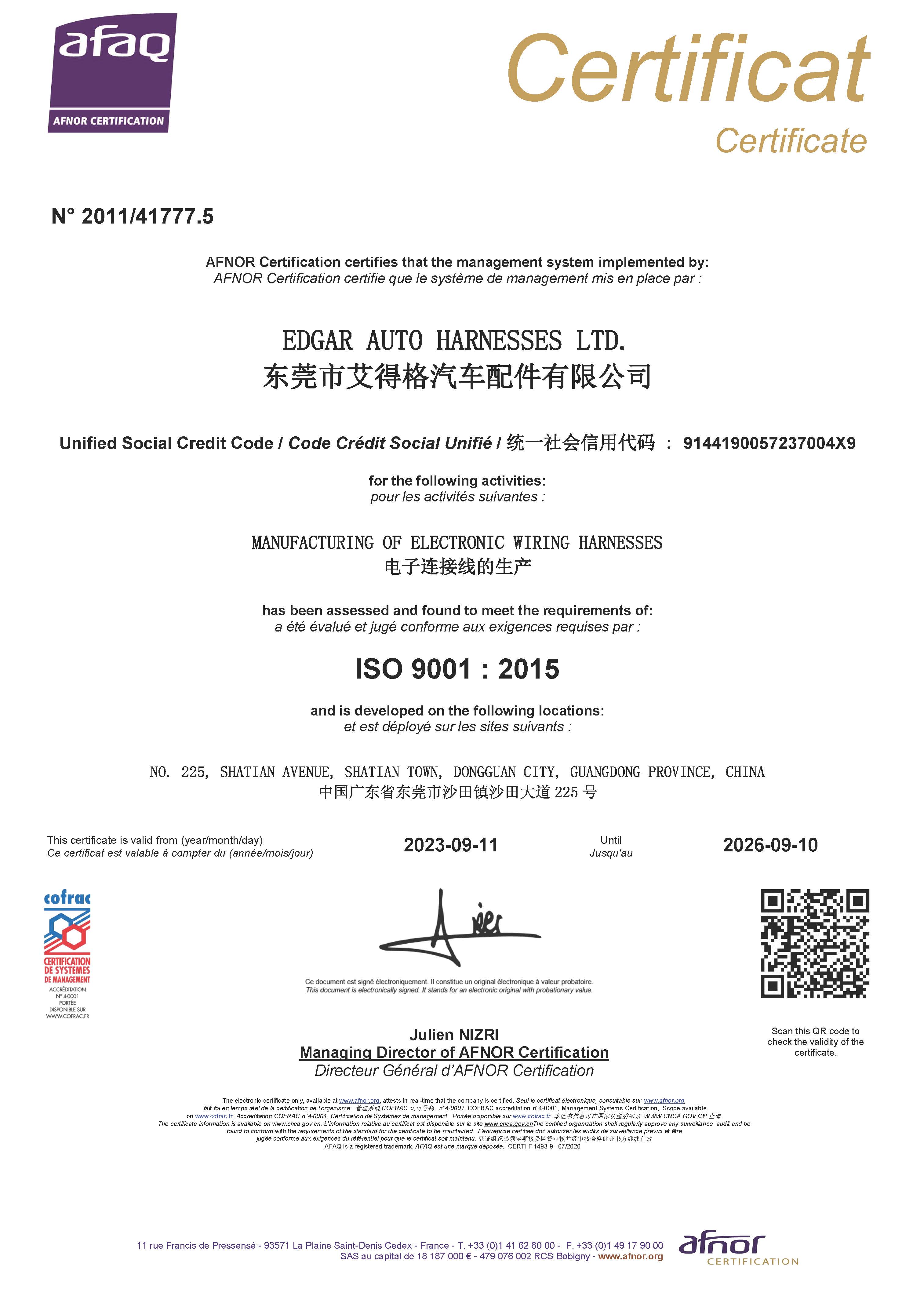 Edgar Auto Harnesses Ltdcertification