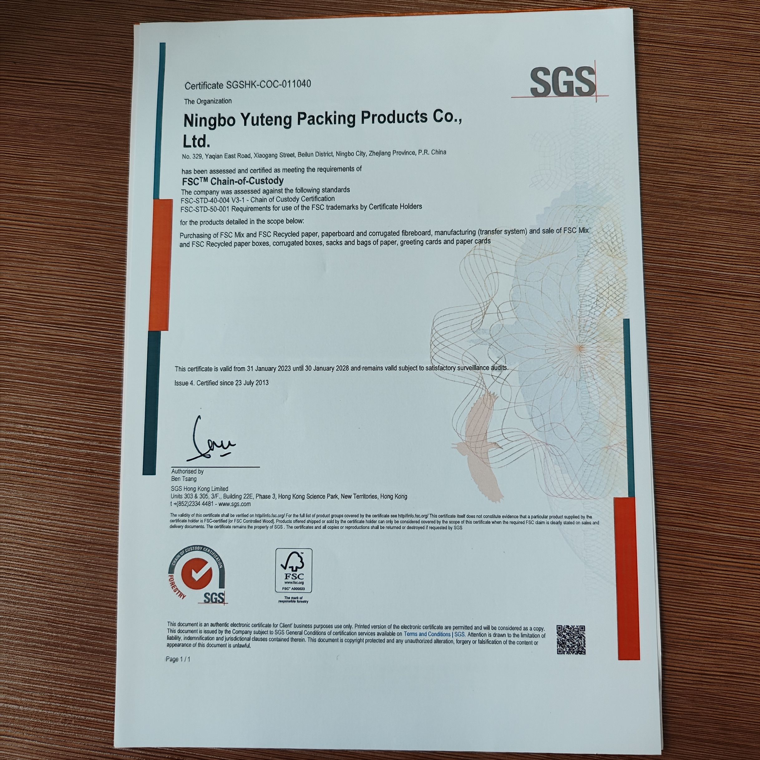 Ningbo Yuteng Packing Products Co. Ltdcertification
