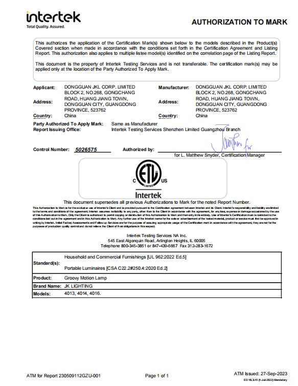 DONGGUAN JKL CORP. LIMITEDcertification