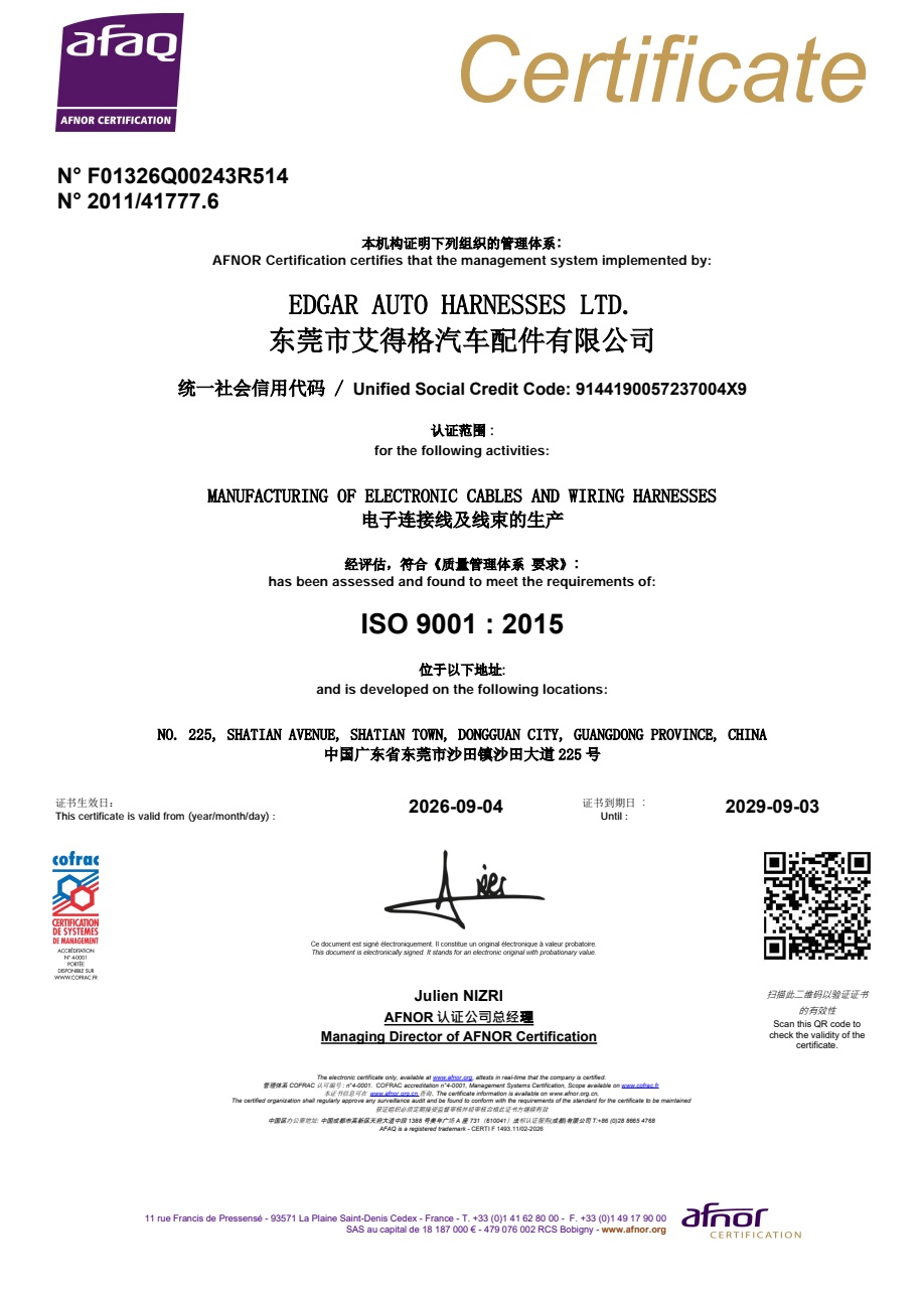 Edgar Auto Harnesses Ltdcertification