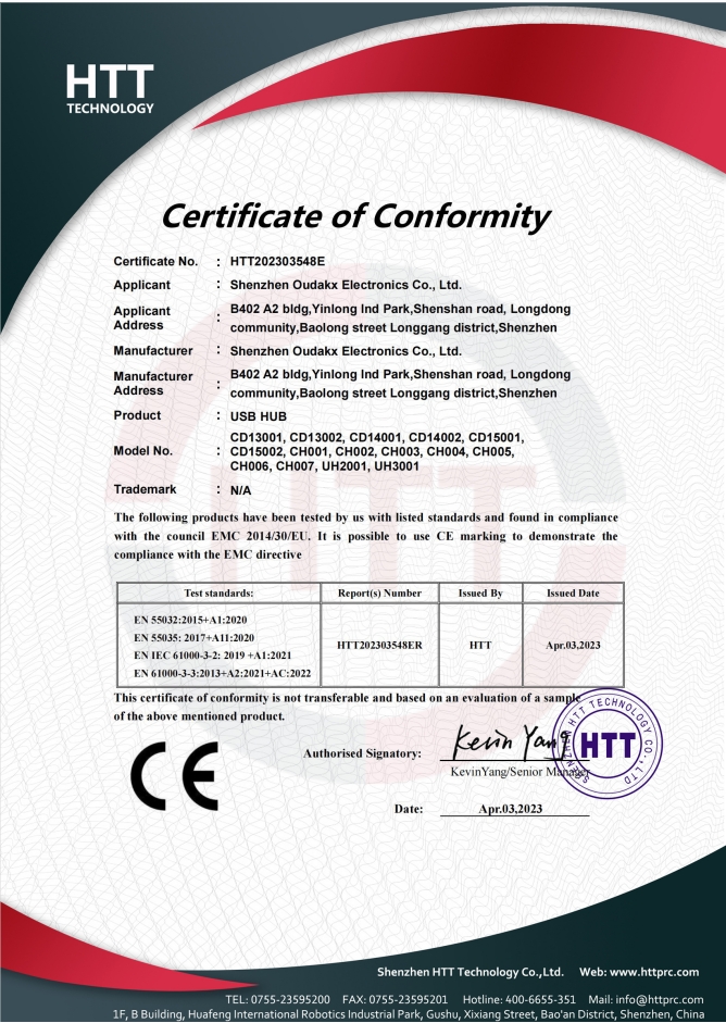 Shenzhen Oudakx Electronics Co., Ltd.certification