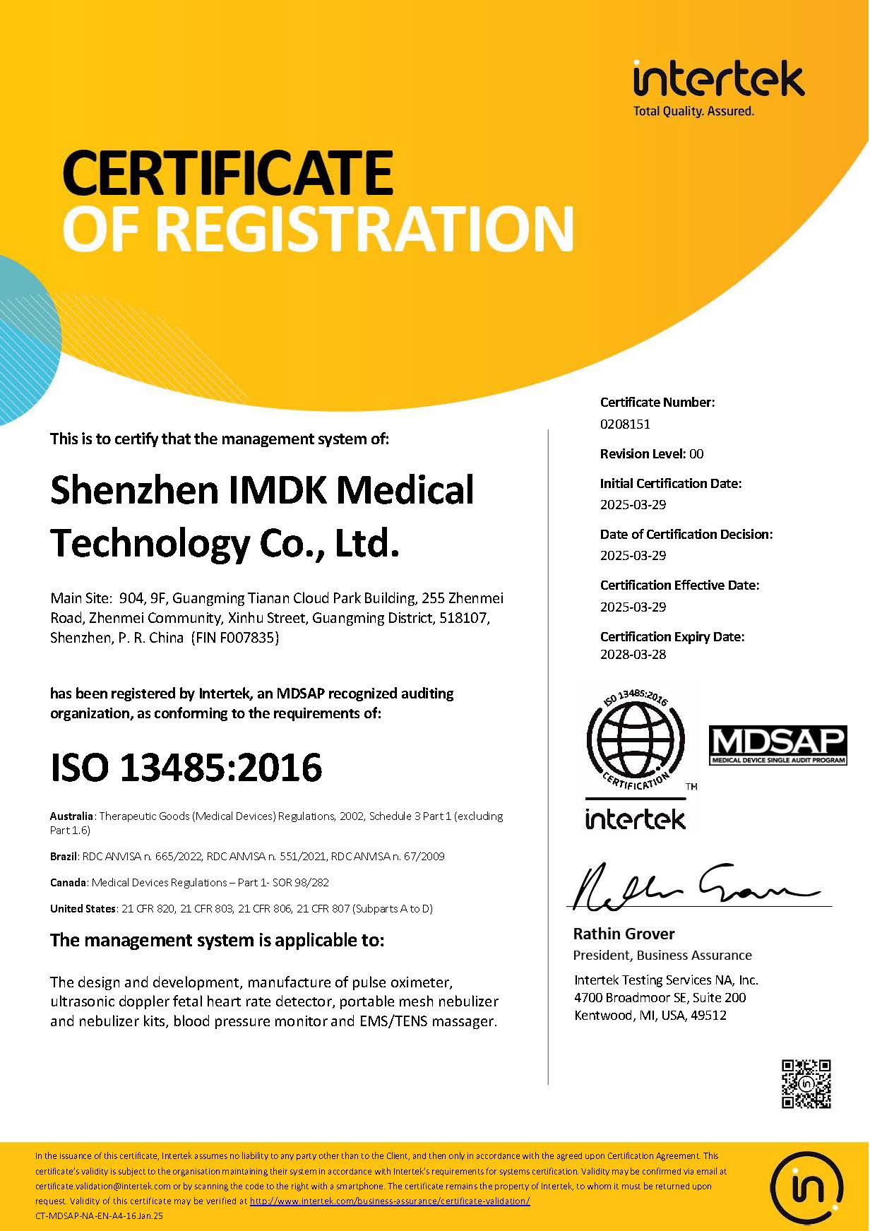 SHENZHEN IMDK MEDICAL TECHNOLOGY CO.,LIMITEDcertification