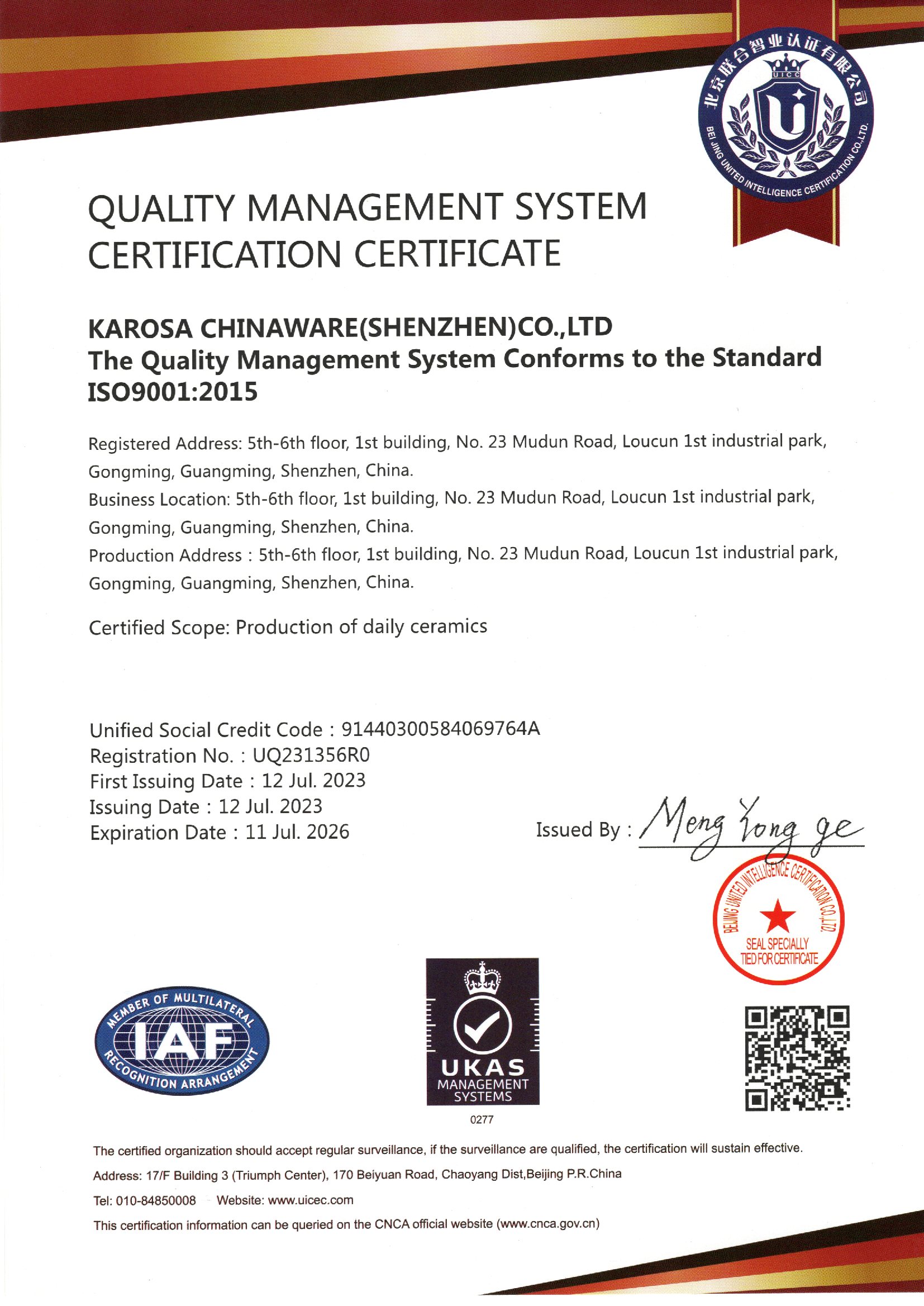 Karosa Chinaware Co.,Ltdcertification
