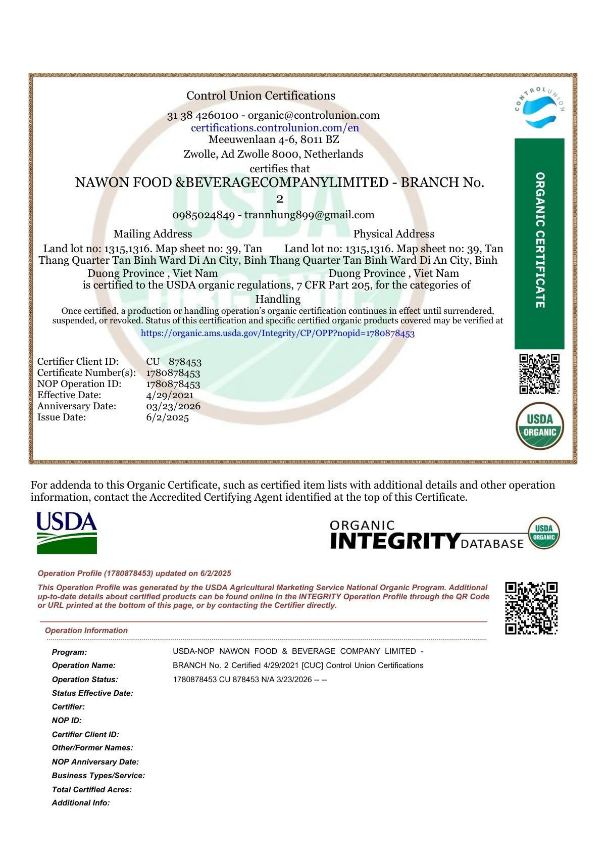 Nawon Food and Beverage Company Limitedcertification