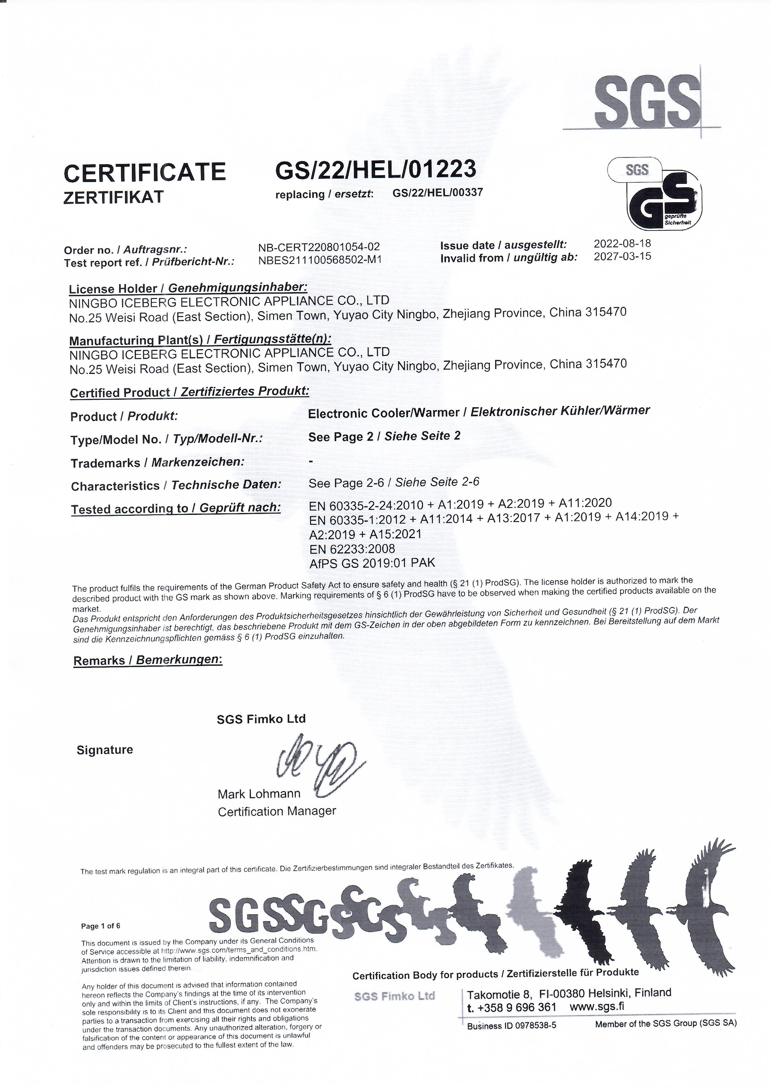 Ningbo Iceberg Electronic Appliance Co., Ltdcertification