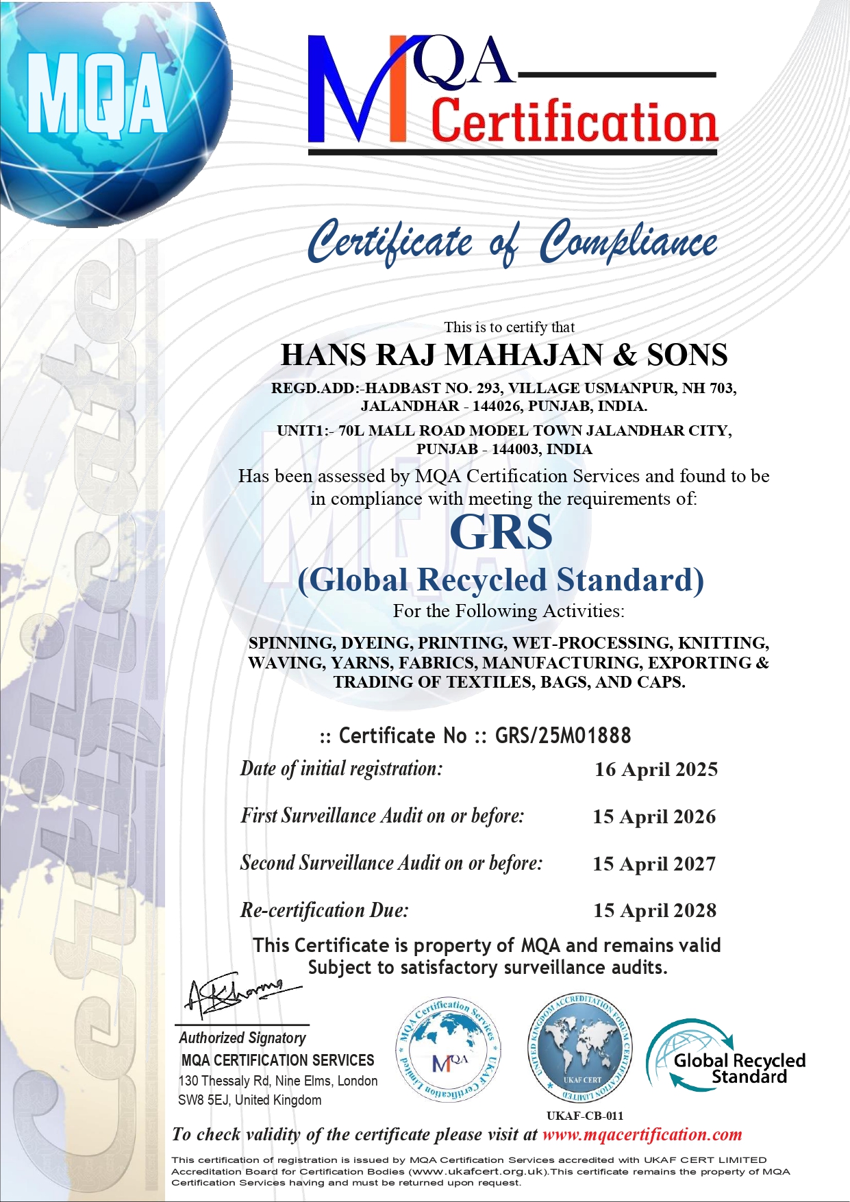 Hans Raj Mahajan & Sonscertification
