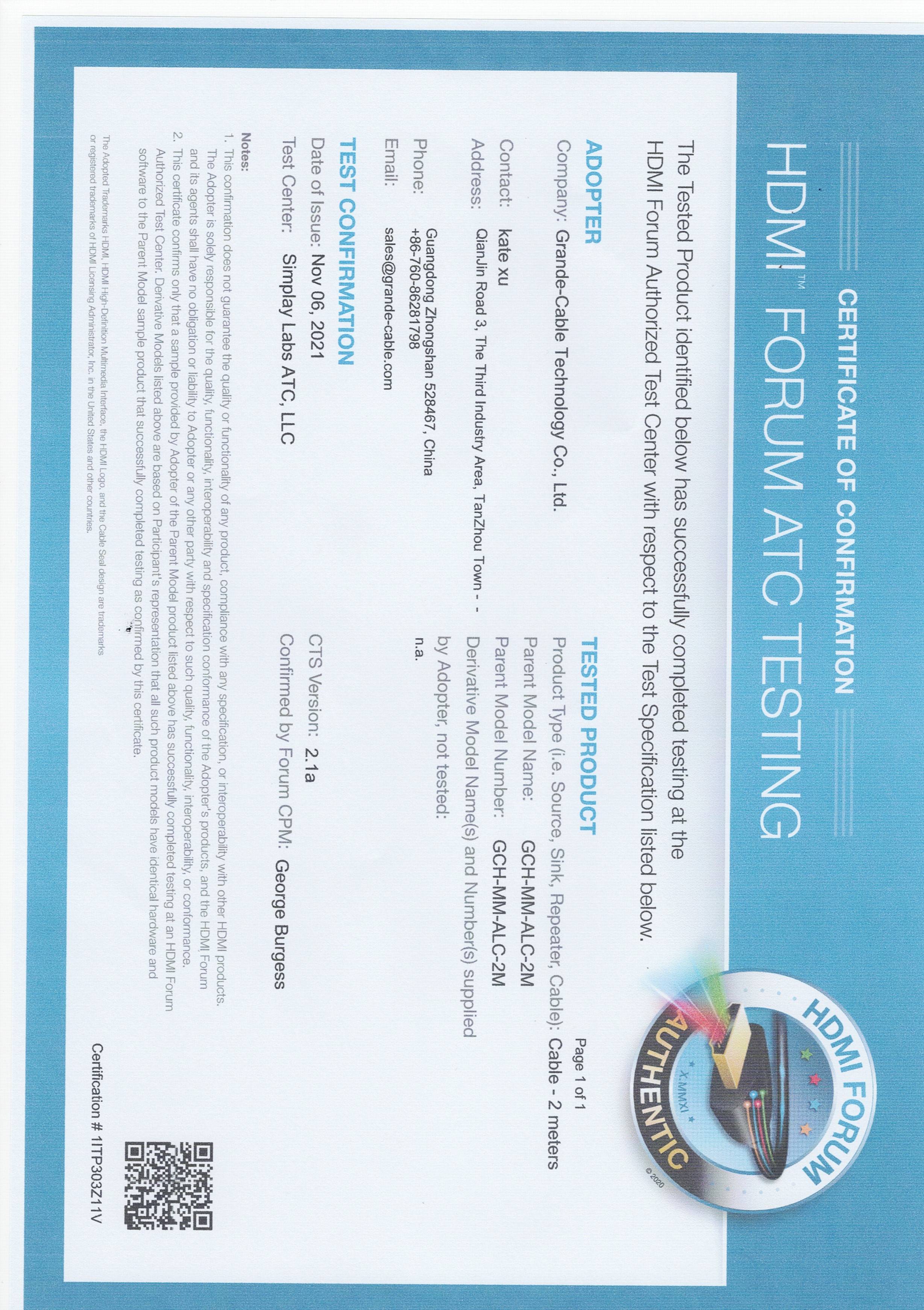 Grande-cable Technology Co.,Ltd certification