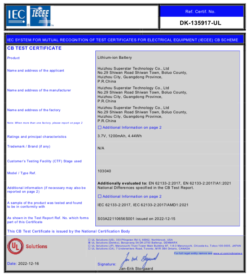 Huizhou Superstar Technology Co., Ltdcertification