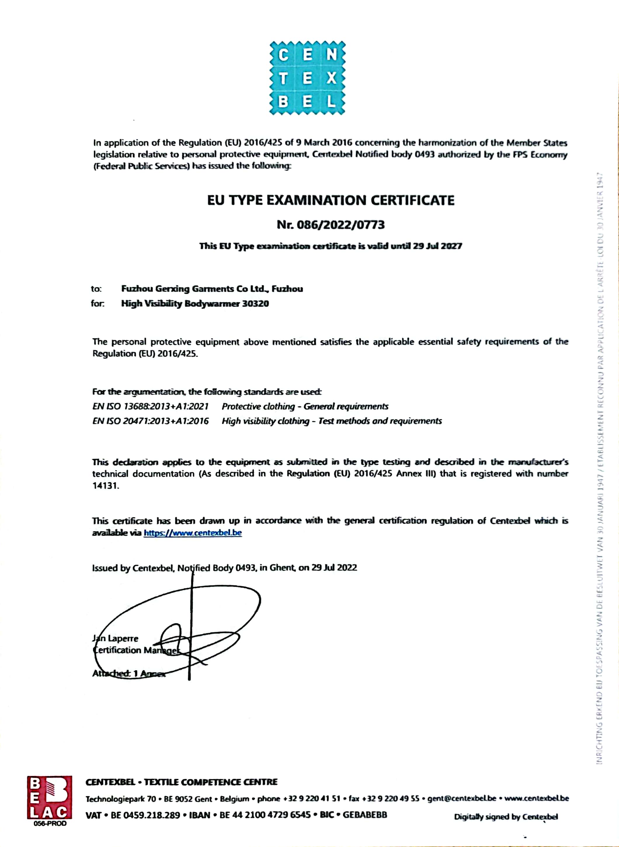 Fuzhou Gerxing Garments Co., Ltd.certification