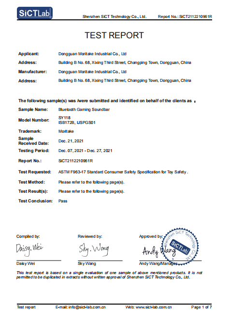 Dongguan Moritake Industrial Co., Ltdcertification