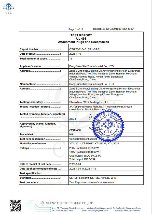 Dongguan Xiantou Industrial Co., Ltd.certification