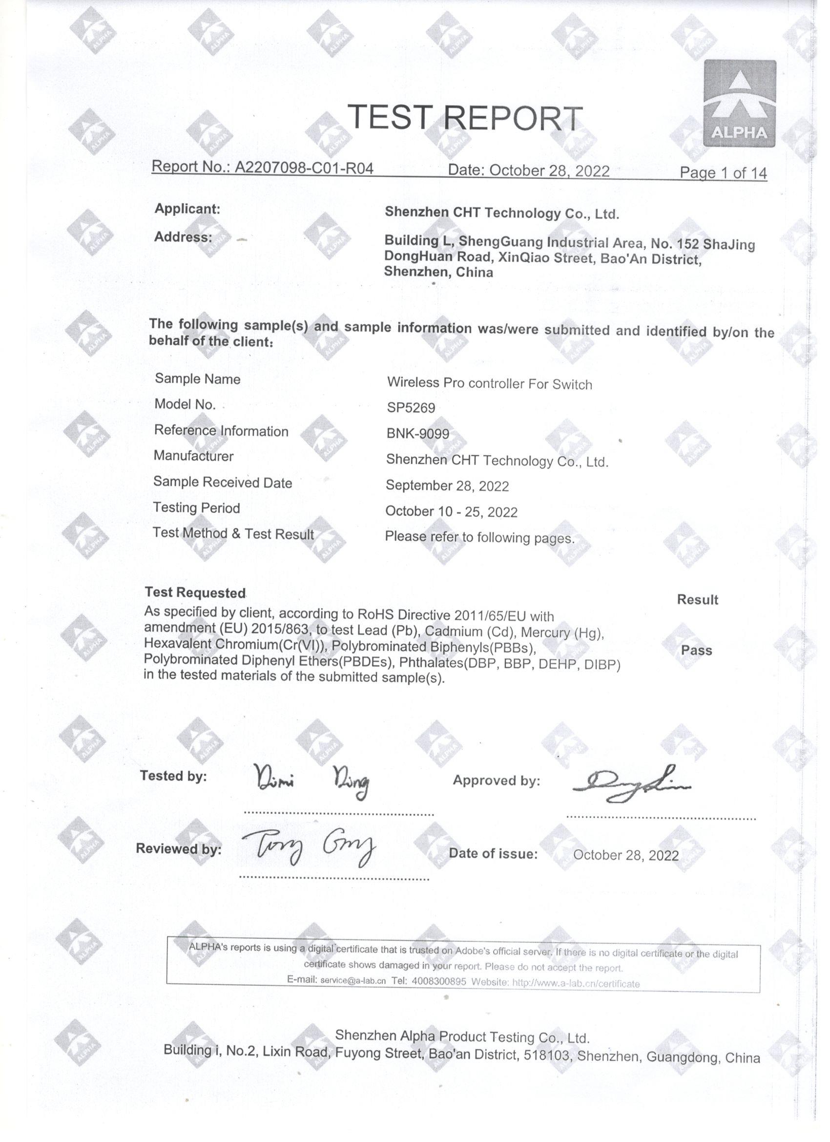 Shenzhen CHT Technology Co.Ltdcertification