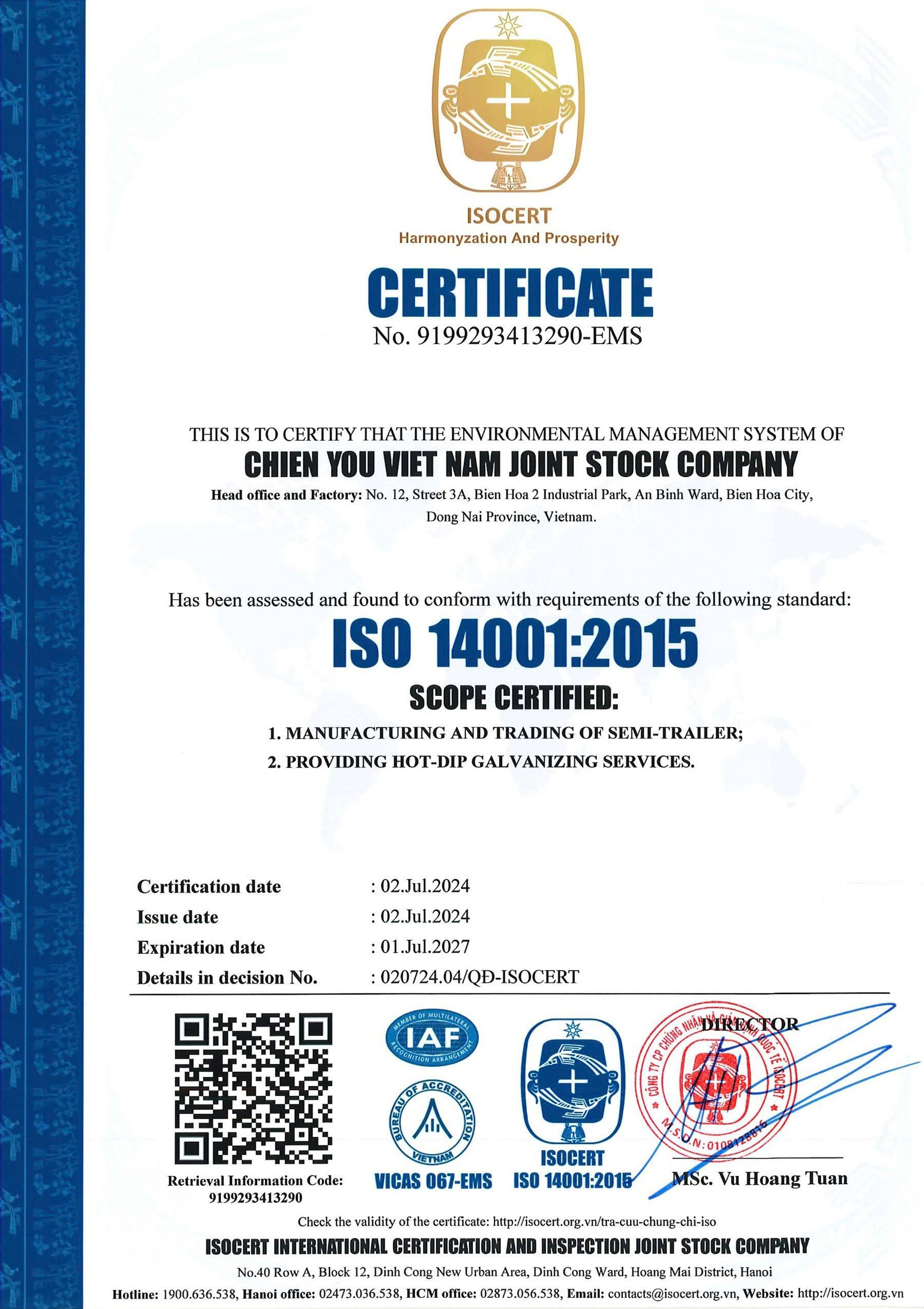 Chien You Vietnam Joint Stock Companycertification