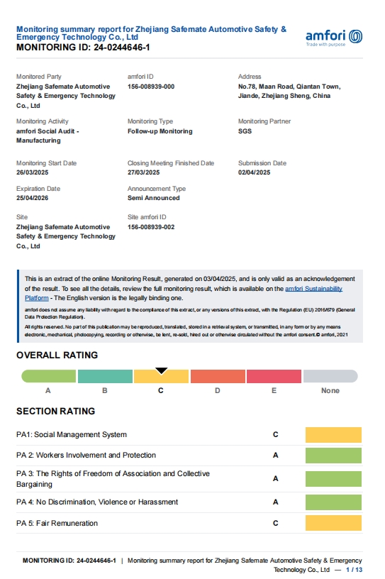 Zhejiang Safemate Automotive Safety&Emergency Technology Co.certification