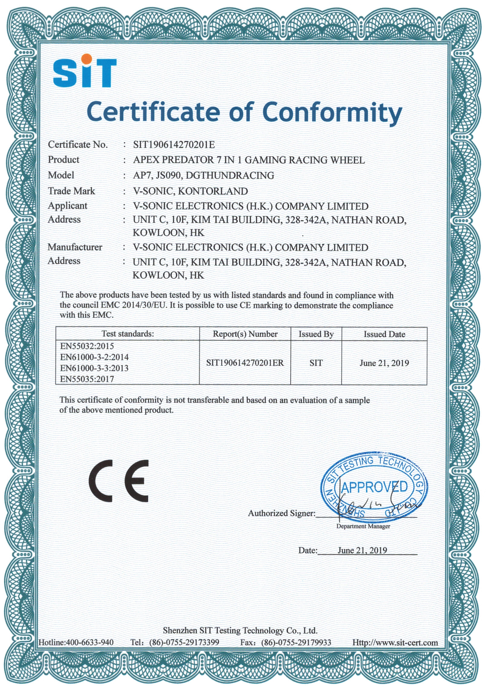V-SONIC ELECTRONICS (H.K.) COMPANY LIMITEDcertification