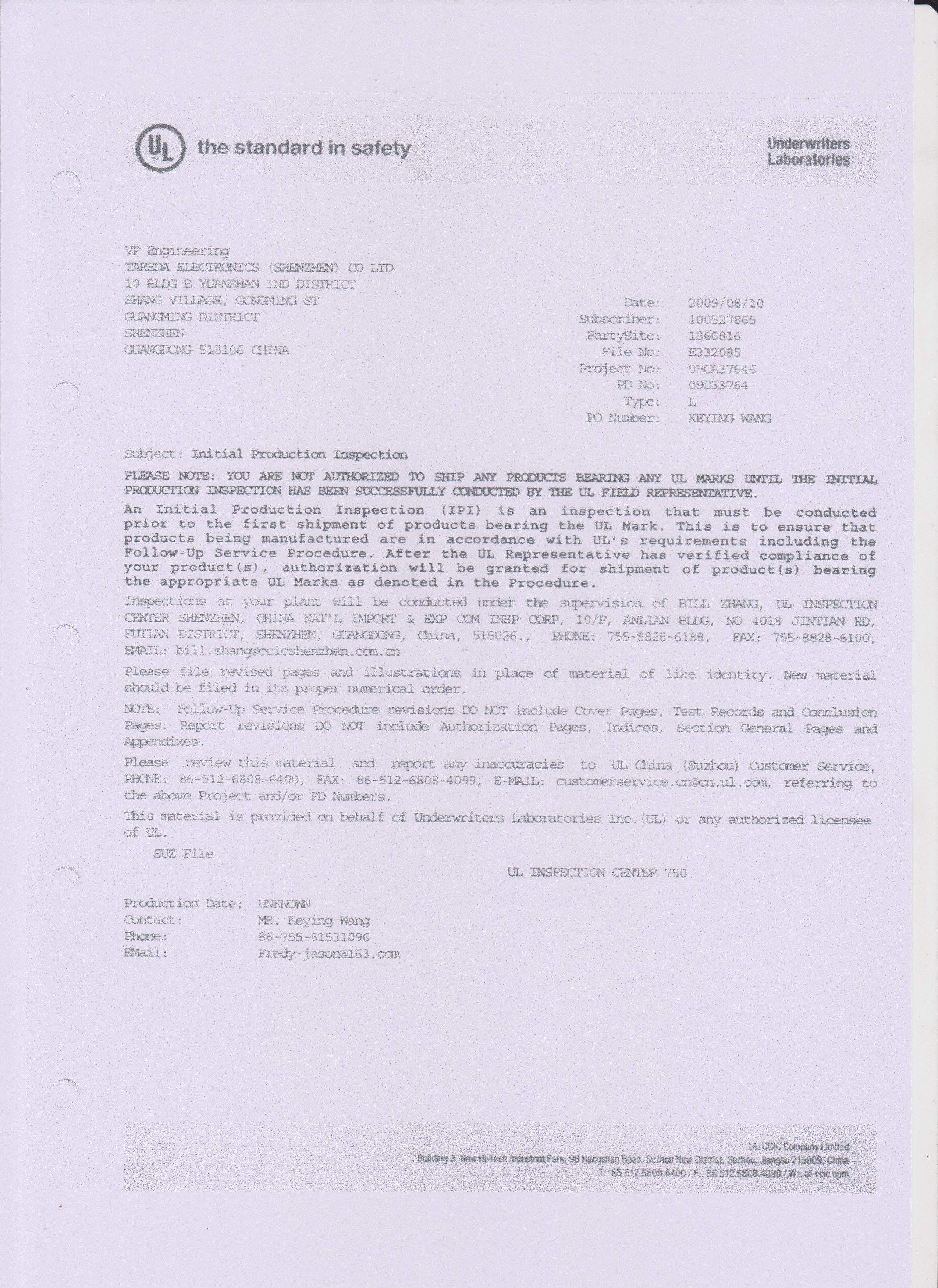 Tareda Electronics (Shenzhen) Co. Ltdcertification