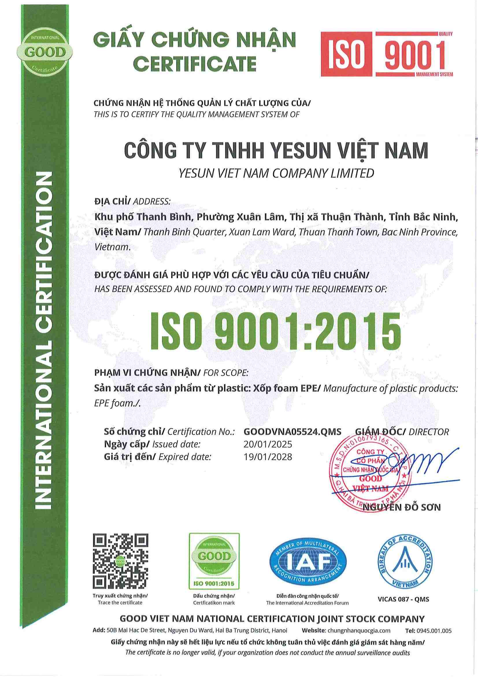 YESUN VIET NAM COMPANY LIMITEDcertification