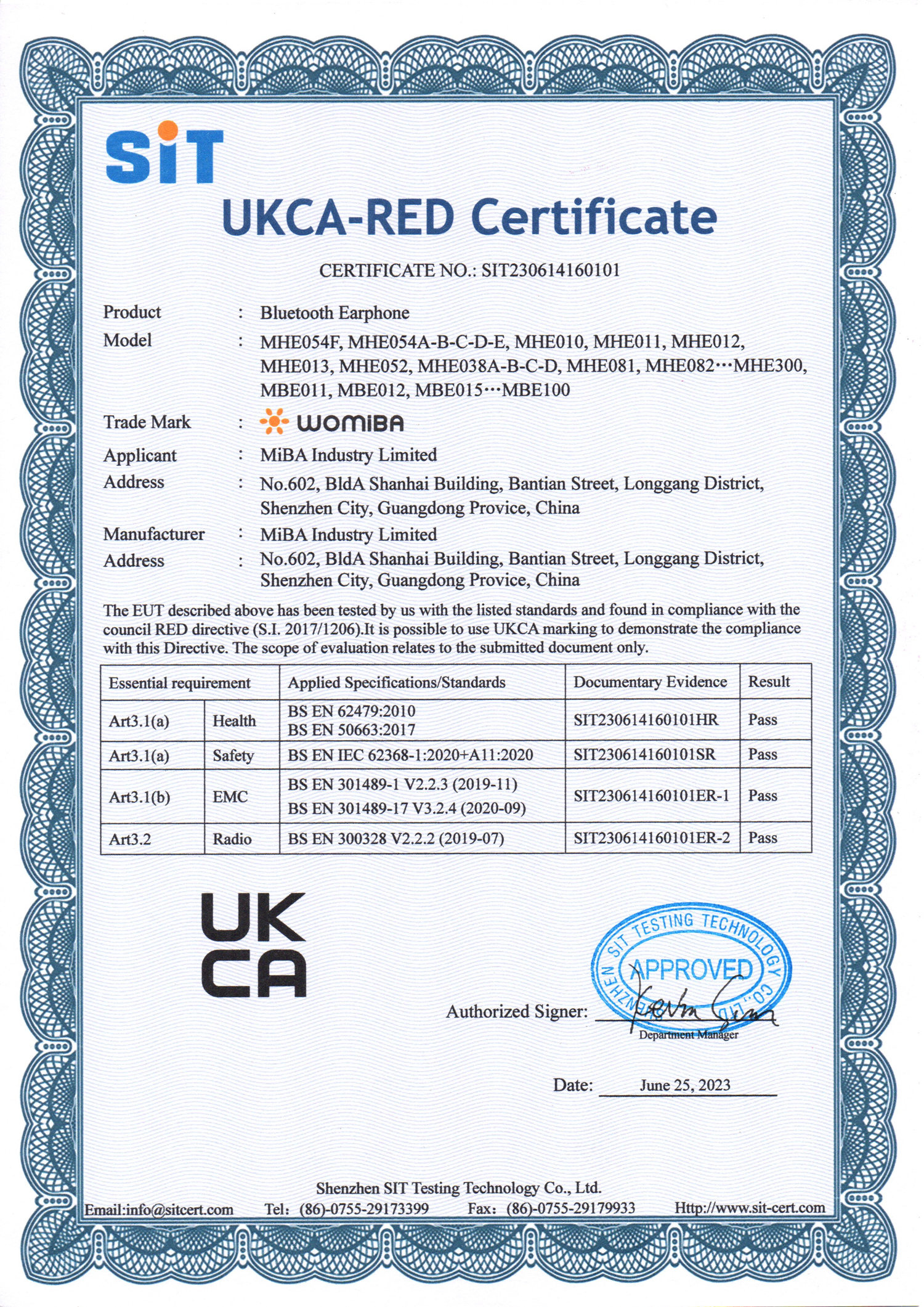 SHENZHEN MIBA INDUSTRIAL CO. LTDcertification