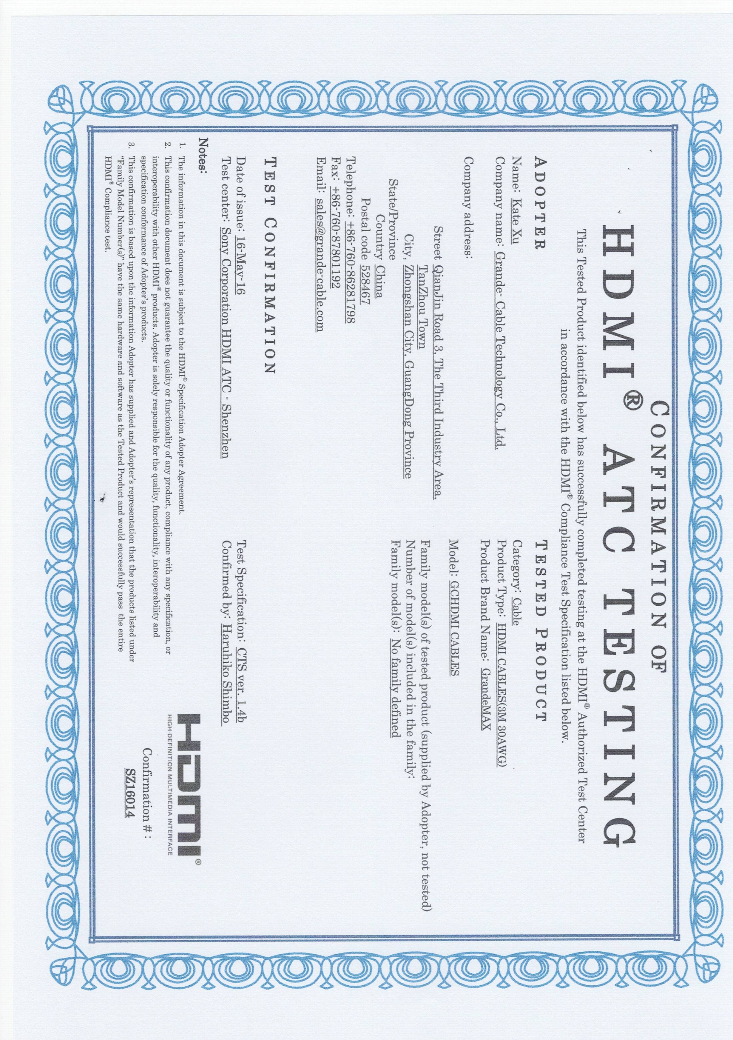 Grande-cable Technology Co.,Ltd certification