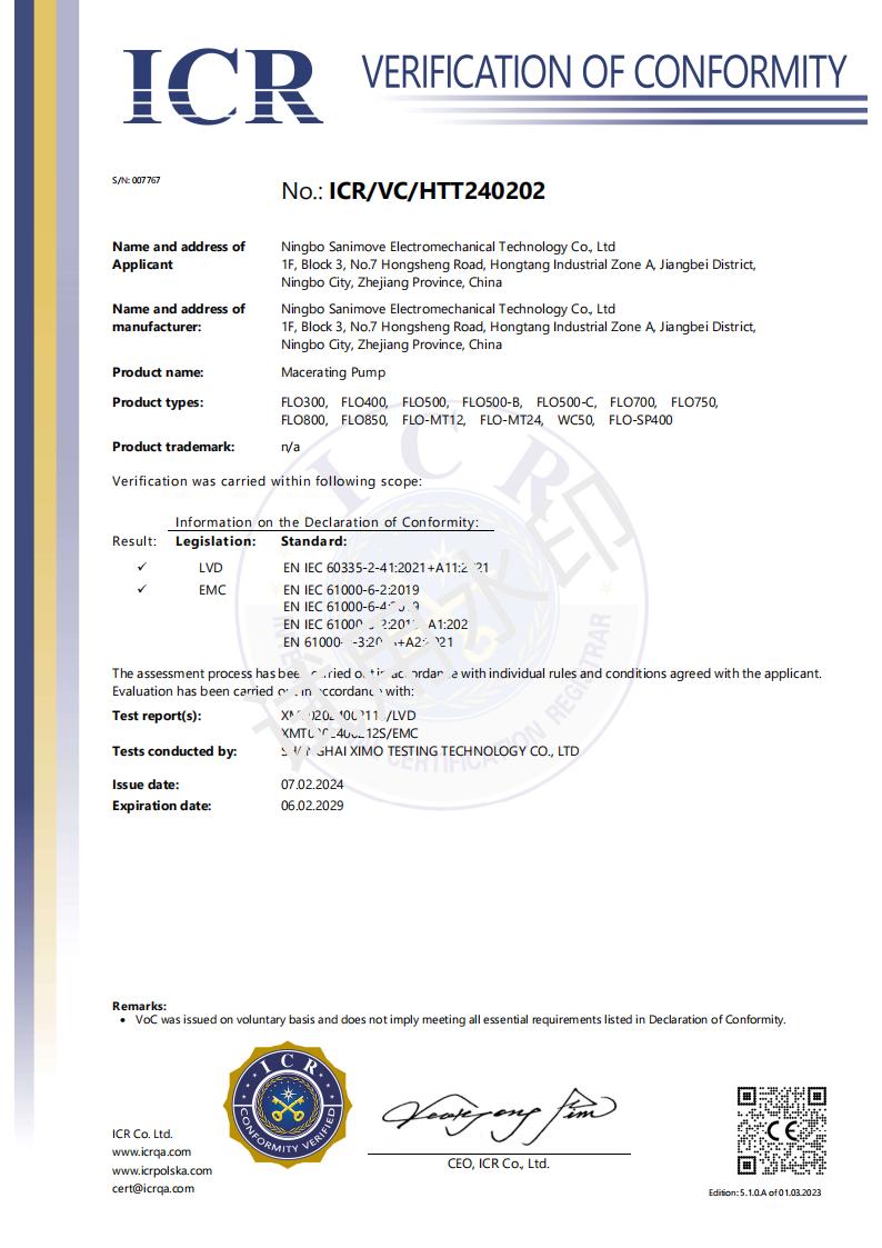 NINGBO SANIMOVE ELECTROMECHANICAL TECHNOLOGYCO., LTDcertification