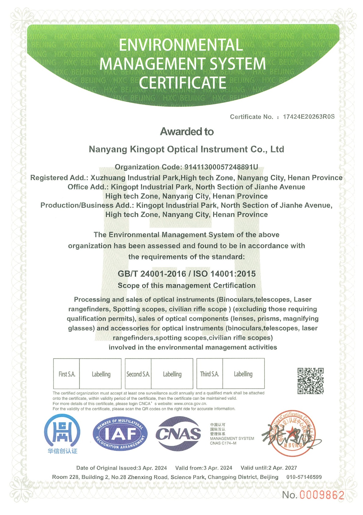 Nanyang Kingopt Optical Instrument Co., Ltdcertification