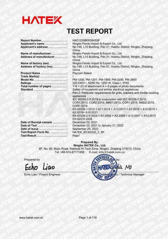 Ningbo Fendo Import & Export CO.,LTDcertification