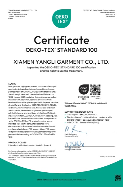 Xiamen Yangli Garment Co.,LTDcertification